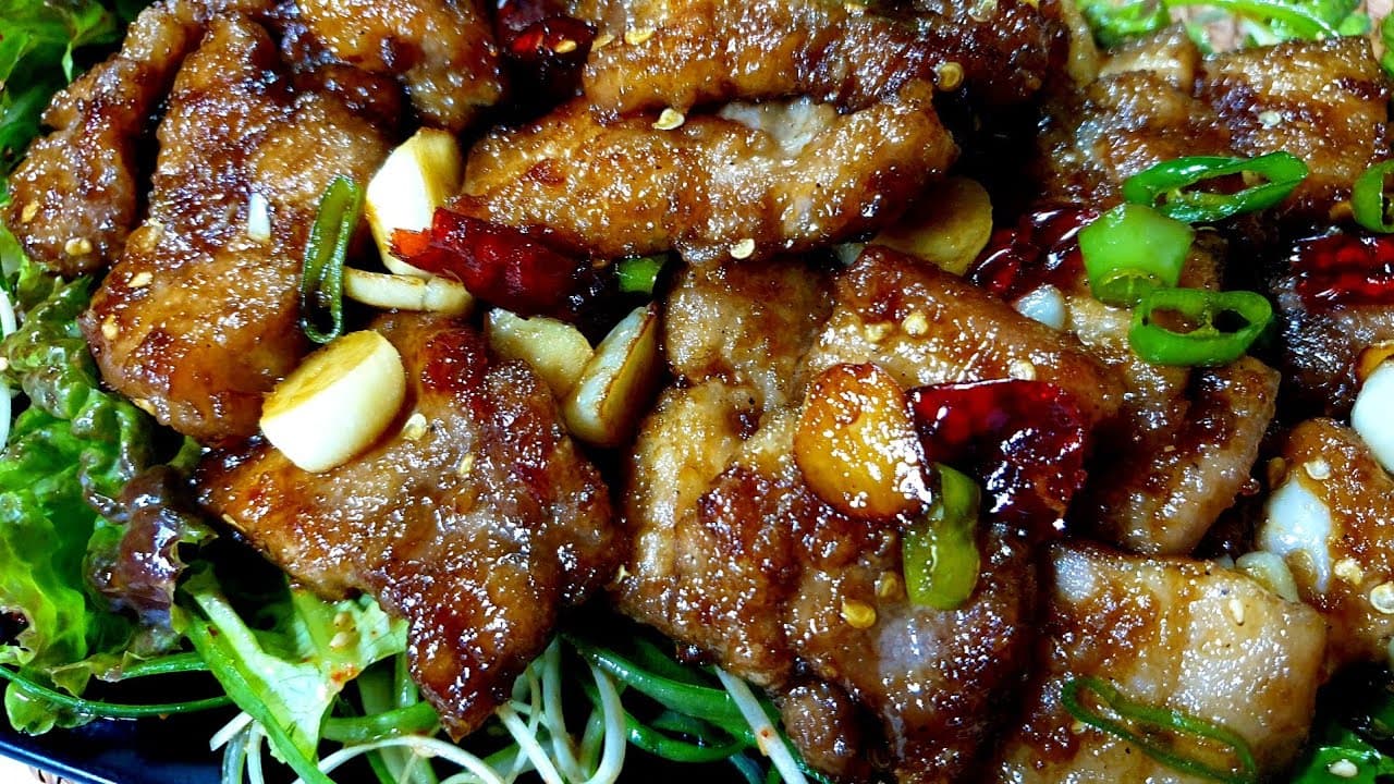 Glazed Pork Belly with Green Onion Salad (삼겹살간장조림) - Korean recipe